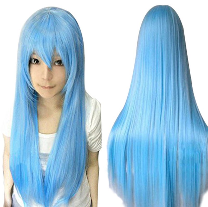 Anogol Hair Cap+32Inch/80cm Sky Blue Wig for Women Long Light Blue Wig with bangs Peluca Larga Azul Cielo Colored Wigs for Anime Cosplay Women Halloween Costumes Straight Wig for Halloween Party - Image 1